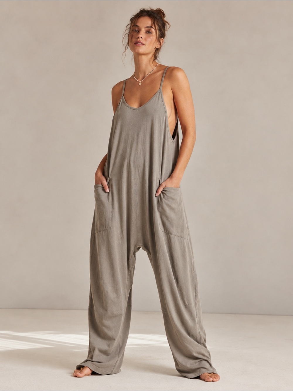 Oversized Taupe Wide Leg Jumpsuit XL Casual Pocket Romper